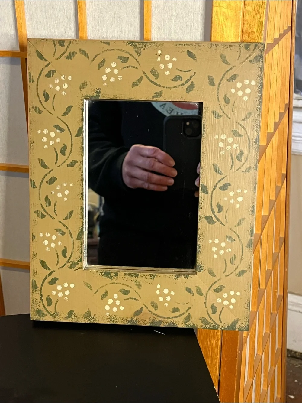 Vintage handmade painted wooden frame mirror flowers olive 10.5